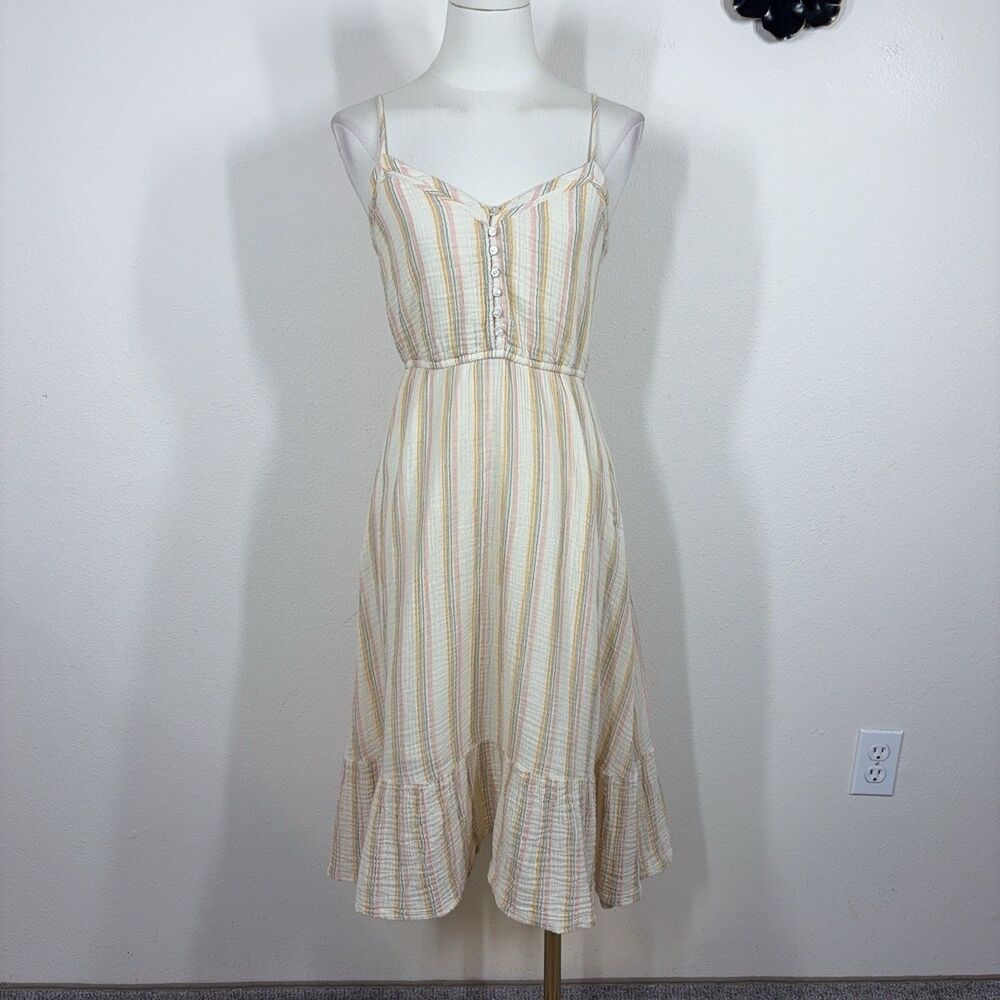 Aerie Dress Womens Small Stripe Cotton Midi Sundress Button Boho Ruffle Beach